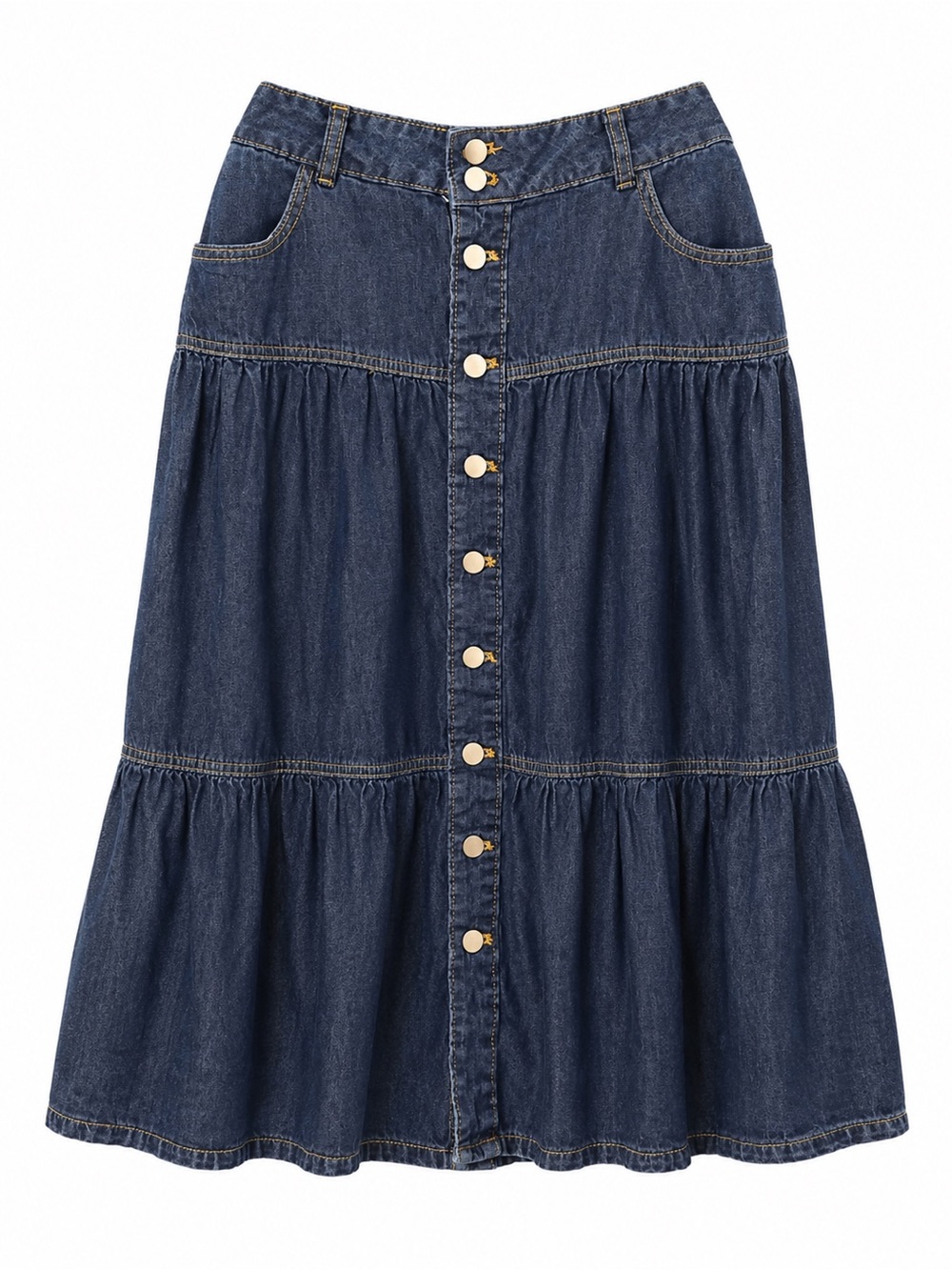 Time and Tru Dark Blue Button-Front Tiered Denim A-Line Skirt - Picture 3 of 8